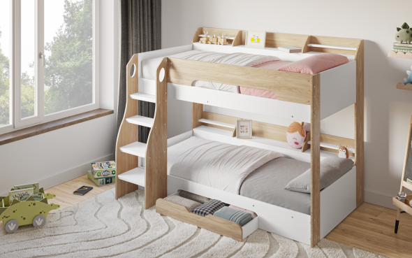Flair Flick Bunk Bed Oak With Shelves And Drawer