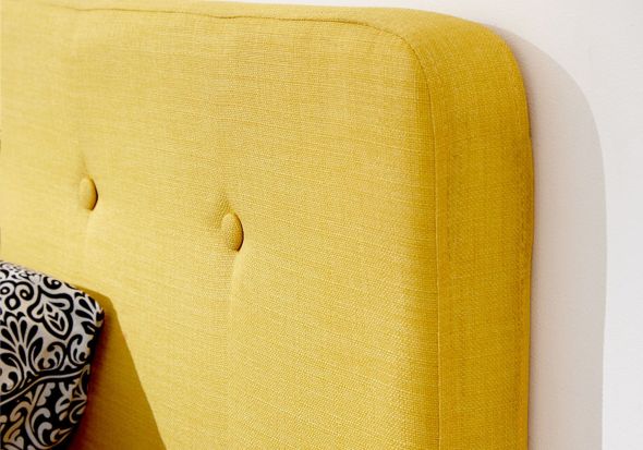 GFW Ashbourne Mustard Fabric Bed Frame Retro design vibrant mustard yellow hopsack buttoned headboard wooden legs
