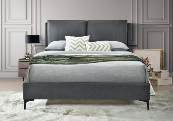 Flintshire Furniture Ashleigh Faux Leather Bed Frame Pillow back headboard grey faux leather finish black feet