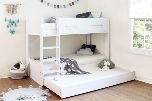 Modern grey bunk bed with a pull out trundle drawer. Integrated ladder with deep treads and grab handles.