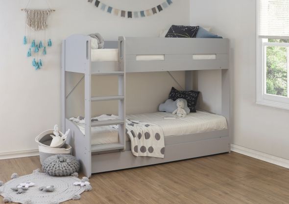Modern grey bunk bed with a pull out trundle drawer. Integrated ladder with deep treads and grab handles.