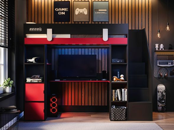 Recoil Blaze Staircase Gaming High Sleeper with Storage Black & Red
