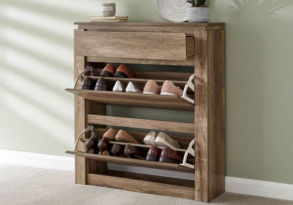 GFW Canyon Oak Shoe Cabinet with two drop down drawers for 12 pairs of shoes and a drawer in a realistic oak effect finish