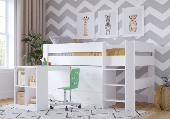 Modern white pull out kids desk with four storage compartments. Shown with the Kidsaw Coast midsleeper.