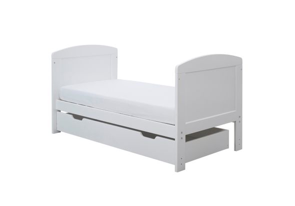 Ickle Bubba Coleby Mini Cot Bed and Under Drawer white finish classic style slatted base solid end panels suitable from birth to approx 4 years