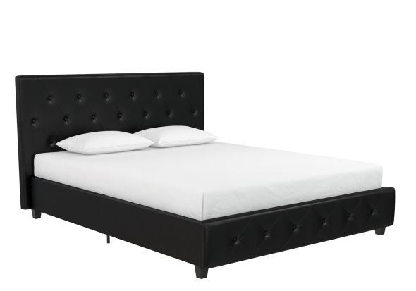 Dorel Dakota Faux Leather Bed Frame black finish available in double and king sizes sprung slatted base modern style