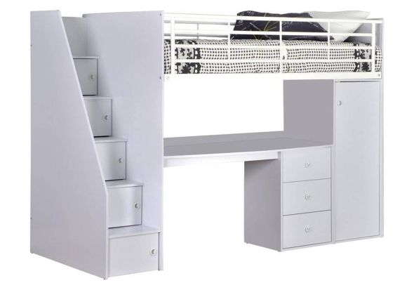 White High Sleeper bed with desk with drawers a wardrobe and a staircase with storage in the steps by Flintshire