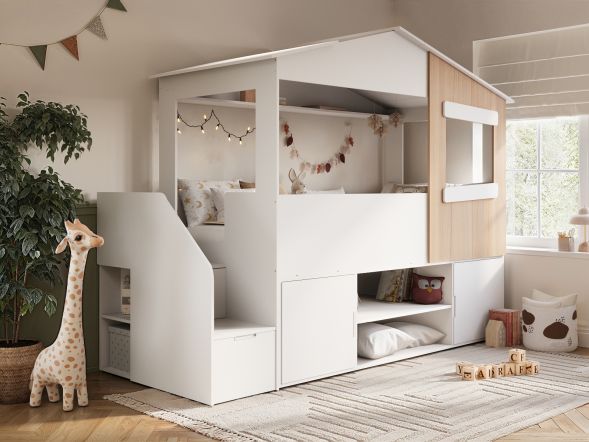 Flair Dreamland House Staircase Mid Sleeper with Storage White & Oak