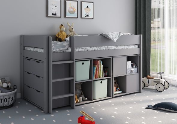 Estella Grey Mid Sleeper with Storage Cubes, Desk and Chest
