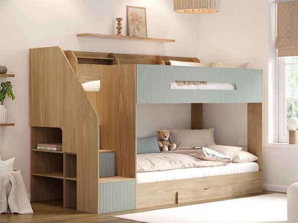 Flair Finn Staircase Bunk Bed with Storage Oak & Green