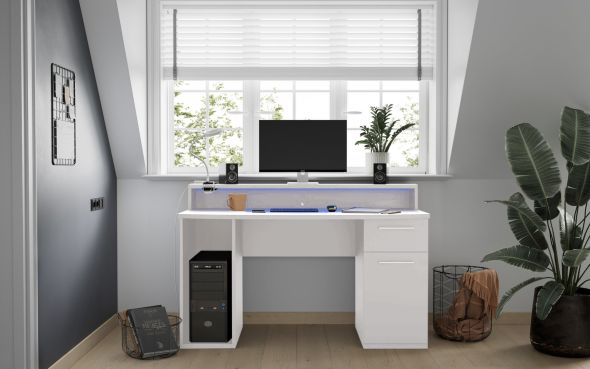 Flair Power Z Compact Computer Gaming Desk White With Colour Changing LED Lights