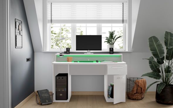 Flair Power Z Compact Computer Gaming Desk White With Colour Changing LED Lights