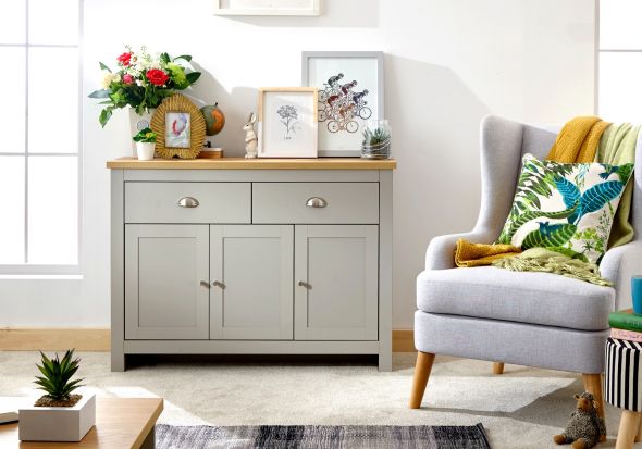 GFW Lancaster Large Sideboard traditional style with 3 doors 2 drawers a wood effect top and chrome handles available in slate blue grey and cream