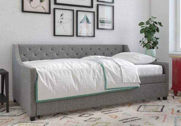 Novogratz Her Majesty Linen Daybed and Trundle mid century design, wooden frame linen fabric wooden frame