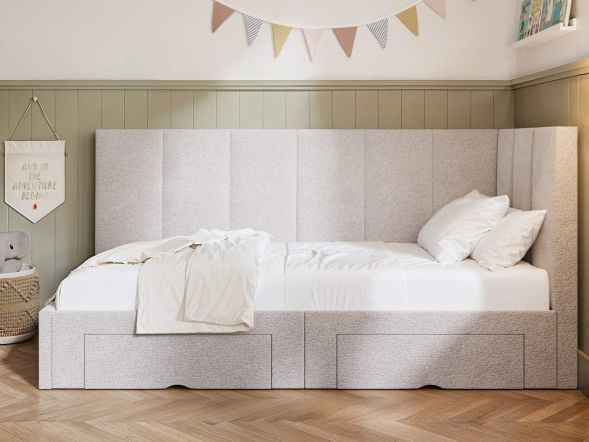 Flair Harley Boucle Corner Bed Frame with Storage Drawers Beige