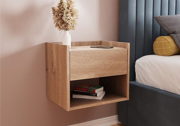 GFW Harmony Wall Mounted Pair of Bedside Tables with one drawer and open shelf in anthracite white or oak modern styling
