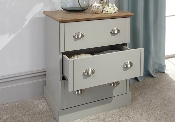 GFW Kendal 3 Drawer Chest traditional style with chrome cup handles and oak top available in grey or slate blue