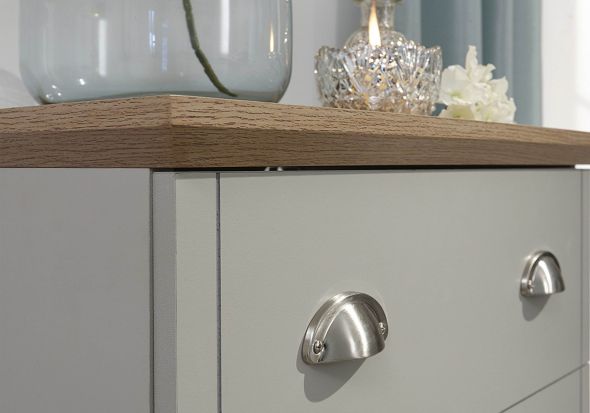 GFW Kendal 3 Drawer Chest traditional style with chrome cup handles and oak top available in grey or slate blue