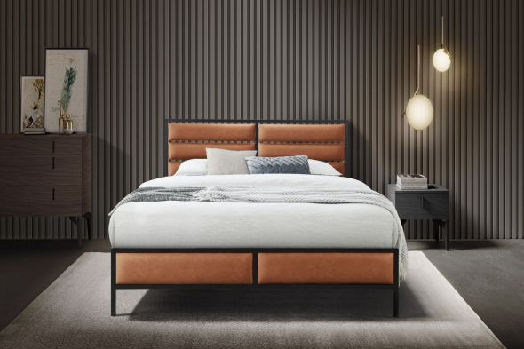 Tan Faux Leather Bed Frame, Contemporary style with a sleek black metal frame. Padded headboard, low foot end.