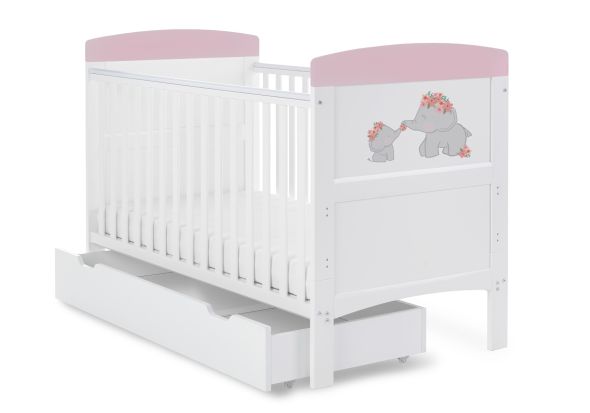 Obaby Grace Inspire Cot Bed & Under Drawer - Me & Mini Me Elephants - Pink
