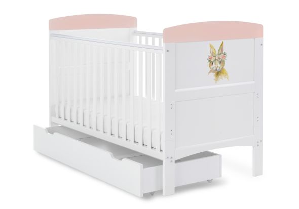 Obaby Grace Inspire Cot Bed & Under Drawer - Watercolour Rabbit Pink
