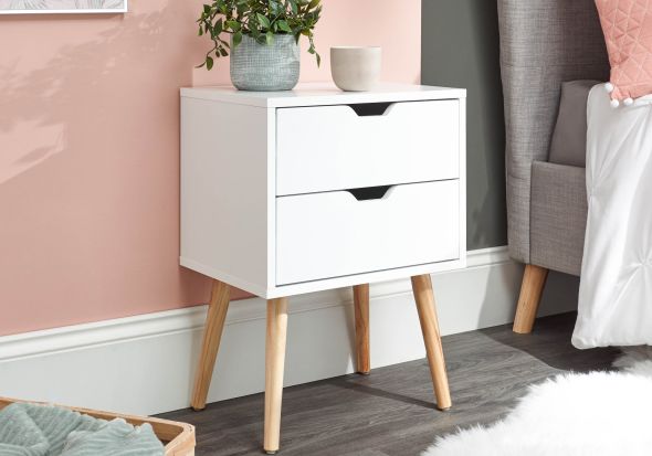 GFW Nyborg Single 2 Drawer Bedside contemporary style Available in dark grey, white or nightshadow blue with wooden legs