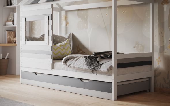 White and Grey Woodland House Bed With Trundle