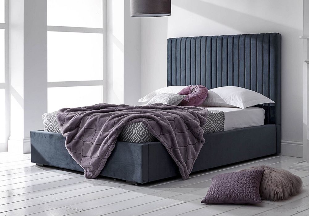 GFW Milazzo Fabric Ottoman Bed contemporary styling tall elegant headboard plush velvet upholstery nightshadow or royal blue fabric finish