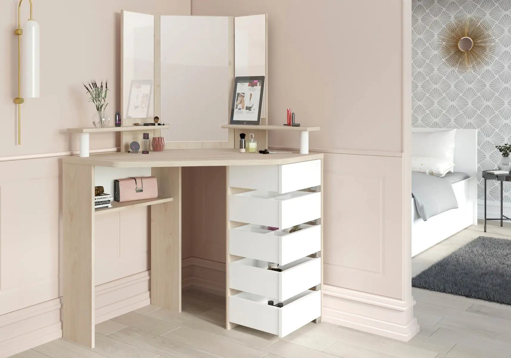 Oak and white corner dressing table