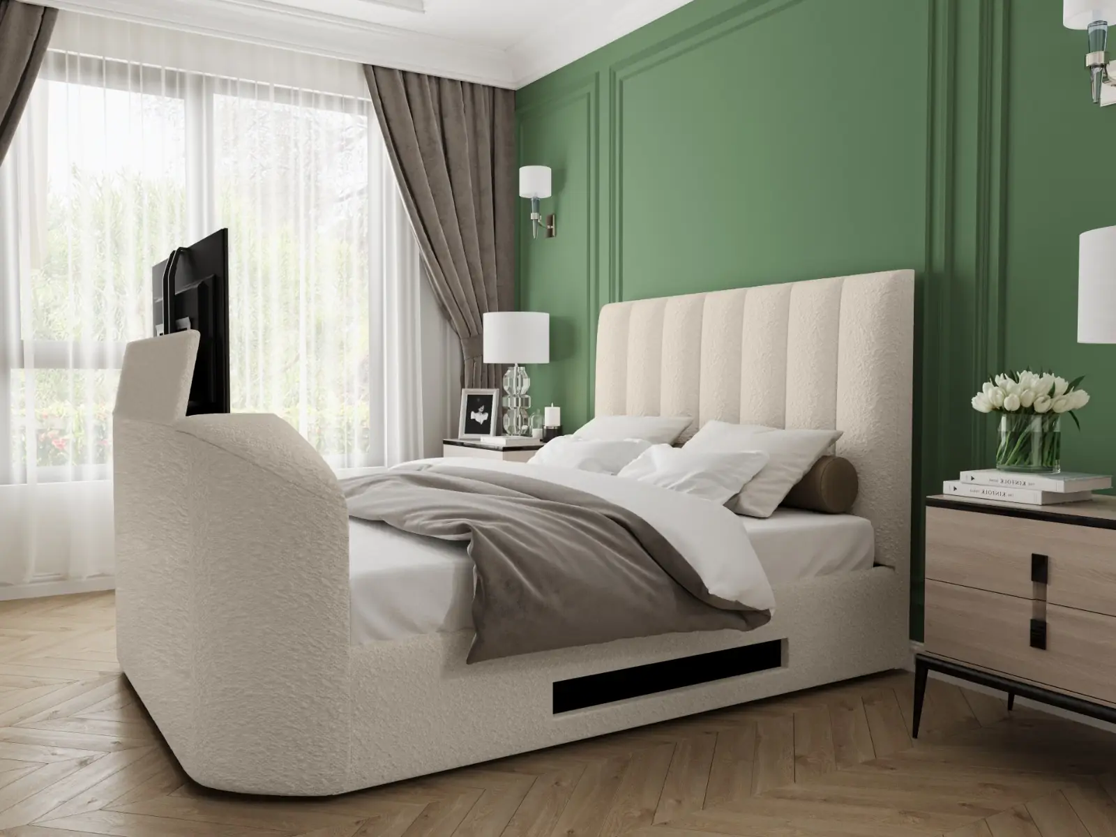 Beige ottoman bed with TV and brown bedsheets, in green bedroom
