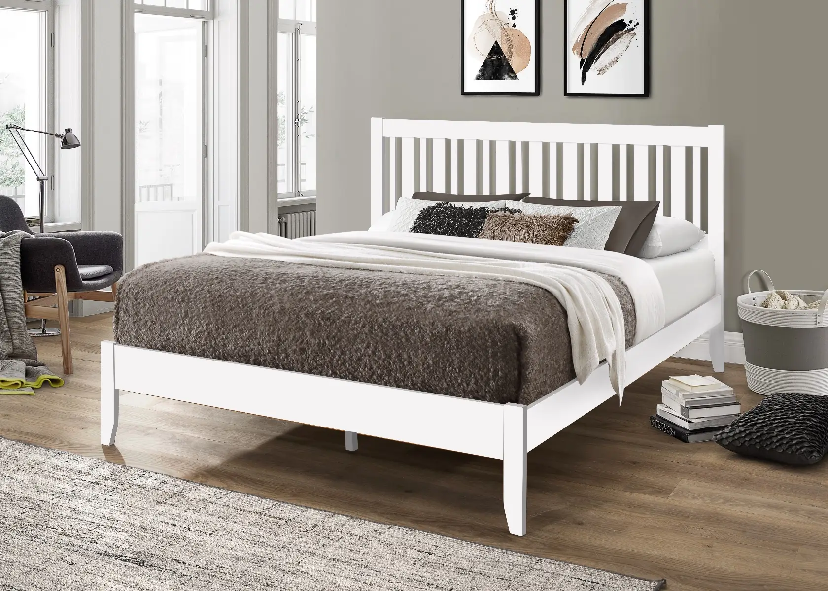 White wooden double bed with brown and white bedsheets
