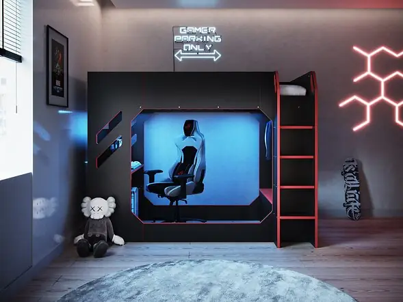 Recoil Shuttle High Sleeper Pod Bed Gaming Desk Bed with drawers and clothes hanging rail Black