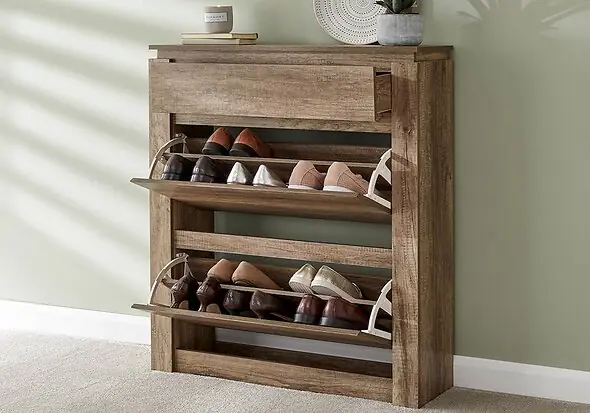 GFW Canyon Oak Shoe Cabinet with two drop down drawers for 12 pairs of shoes and a drawer in a realistic oak effect finish